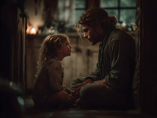 Parent kneeling to comfort small child in warm, softly lit kitchen interior