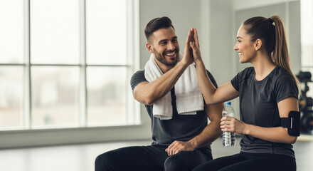 Happy young couple giving a high five after a gym workout, celebrating fitness goals together. A concept of teamwork, motivation, and success in a healthy lifestyle
