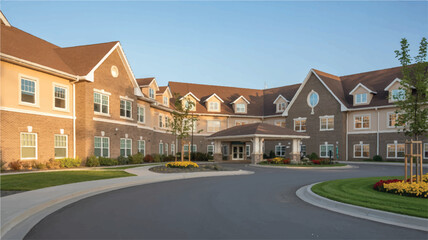 Beautiful Senior Living Community with Manicured Landscaping and Inviting Entrance Facade Showcasing Architectural Details and Comfortable Environment