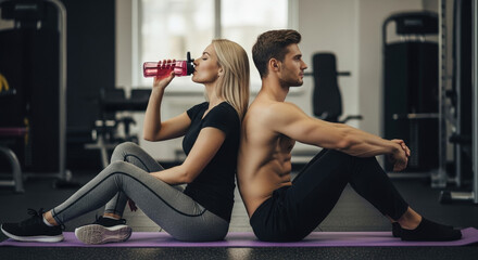 Obraz premium Happy young couple giving a high five after a gym workout, celebrating fitness goals together. A concept of teamwork, motivation, and success in a healthy lifestyle