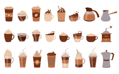 Coffee set. Different types of coffee drinks for cafe and restaurant menu. Coffee cups of espresso, americano, mocha, latte and more.