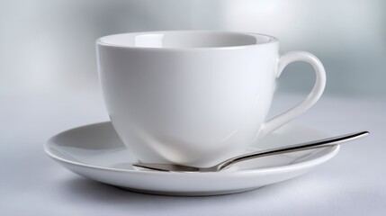 Fototapeta premium Elegant White Coffee Cup and Saucer with Spoon on Neutral Background, Studio Shot
