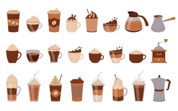 Coffee set. Different types of coffee drinks for cafe and restaurant menu. Coffee cups of espresso, americano, mocha, latte and more.