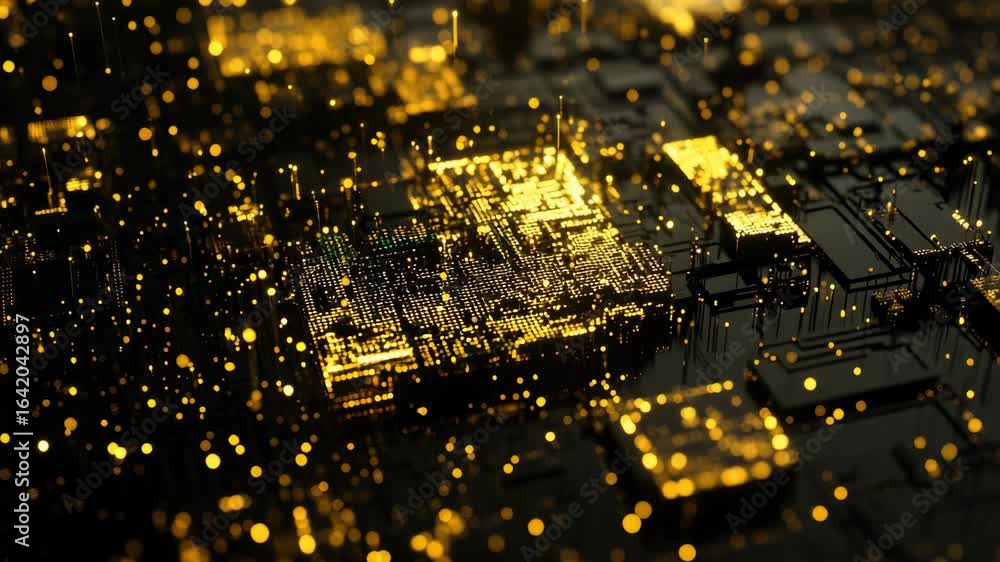 Poster a close-up view of a circuit board, showcasing the intricate connections and gold contacts typical f
