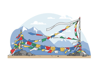 Colorful Prayer Flags on Mountain Pass.