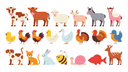 Cartoon farm animal set featuring cows sheep chickens ducks turkeys and other cute animals in vector illustration