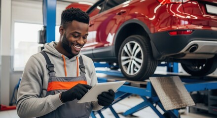 Mechanic checks car on lift with tablet computer
