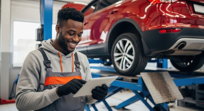 Mechanic checks car on lift with tablet computer