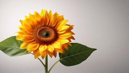 Obraz premium bright yellow sunflower with green leaves isolated on soft gray background artistic nature photography