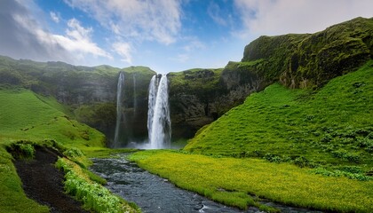 a majestic waterfall in iceland cascades down a mossy cliff into a tranquil stream below surrounded by lush green hills showcasing the natural beauty of the icelandic landscape