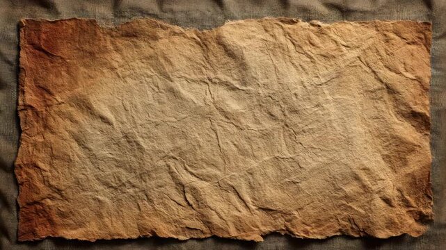 Old brown parchment sheet with rough edges and wrinkled surface on rustic fabric background, concept of vintage document or treasure map