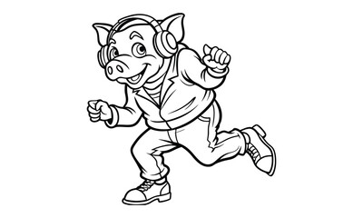 Fototapeta premium Pig wearing headphones cute panda t shirt design silhouette and vector line art, intricate line art for printable art therapy activities, perfect for relaxation, stress relief