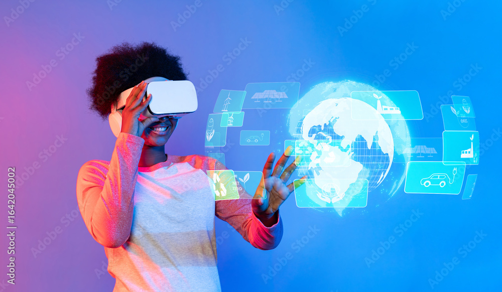 Poster a young user engages with advanced virtual reality technology, exploring innovative concepts of sust
