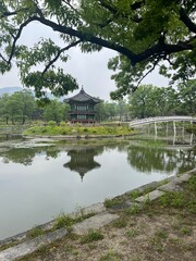 Tranquil view of Gyeonghoeru Pavilion in Gyeongbokgung Palace, Seoul, reflected in a peaceful pond with arched bridge and lush green trees in the background