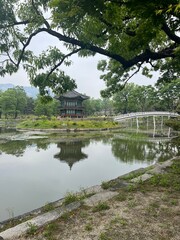 Tranquil view of Gyeonghoeru Pavilion in Gyeongbokgung Palace, Seoul, reflected in a peaceful pond with arched bridge and lush green trees in the background