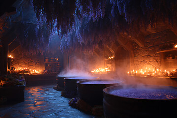 magical potion shop, a witchs apothecary bubbling cauldrons, hanging dried herbs, spell books, and candle-lit shadows