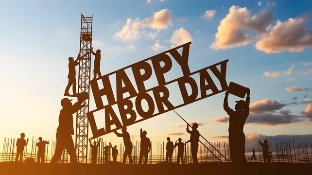 Silhouettes of construction workers building Happy Labor Day sign at sunset image photo