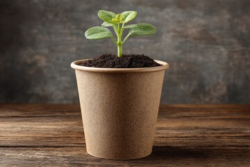 Small plant in a recycled paper cup.