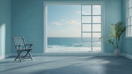 Empty room with ocean view and a vintage chair.