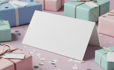 Blank Birthday Card Mockup On Pastel Table With Wrapped Gifts And Confetti