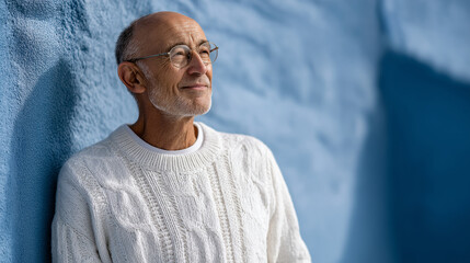 Thoughtful man in glasses wearing white sweater under sunlight