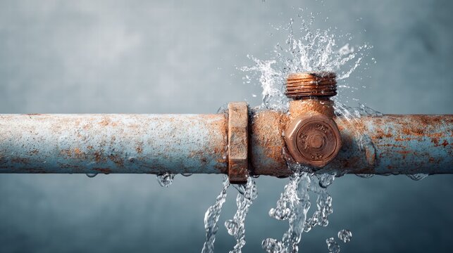 Close-up of a rusty pipe with water gushing out, depicting a plumbing leak.