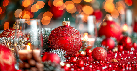 Festive red Christmas ornaments and candles arranged on a beautifully decorated holiday table
