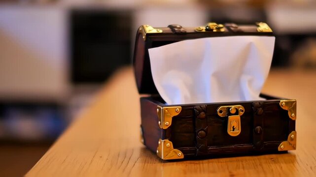 Dark wooden trinket box with open lid and white tissue paper