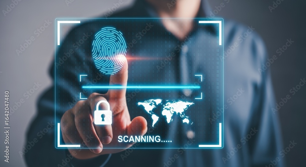 Poster biometric security system concept: man using fingerprint scan for access control and global data pro