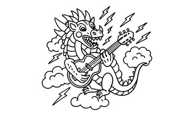 Obraz premium Dragon playing guitar t shirt design silhouette and vector line art, detailed illustration perfect for relaxation and stress relief, ideal for adult coloring books, high-quality art