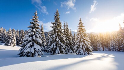Fototapeta premium Frosty pine trees in golden morning sunlight on a snowy day.
