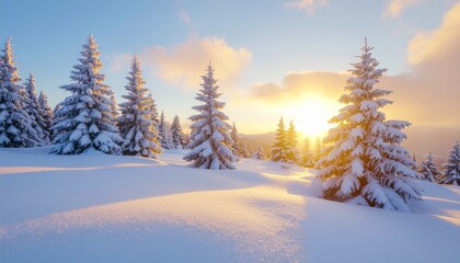 Fototapeta premium Snow-covered forest glowing under a colorful winter sunset.