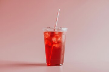 Refreshing red beverage with ice and straw against a soft pink background