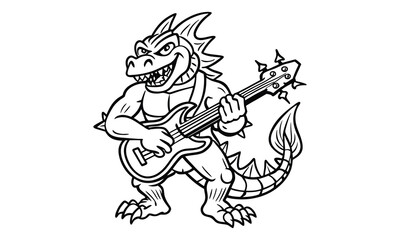 Fototapeta premium Dragon playing guitar t shirt design silhouette and vector line art, detailed illustration perfect for relaxation and stress relief, ideal for adult coloring books, high-quality art