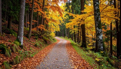 Fototapeta premium Scenic forest path in autumn surrounded by golden and orange foliage.