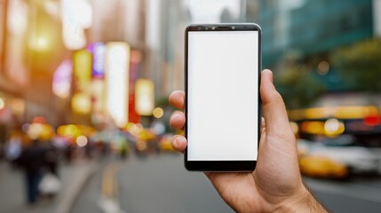 Hand Holding Smartphone with Blank White Screen in Urban City Environment for Mockup