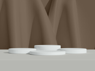 Four round podiums with rear riser, neutral drape background for product showcase