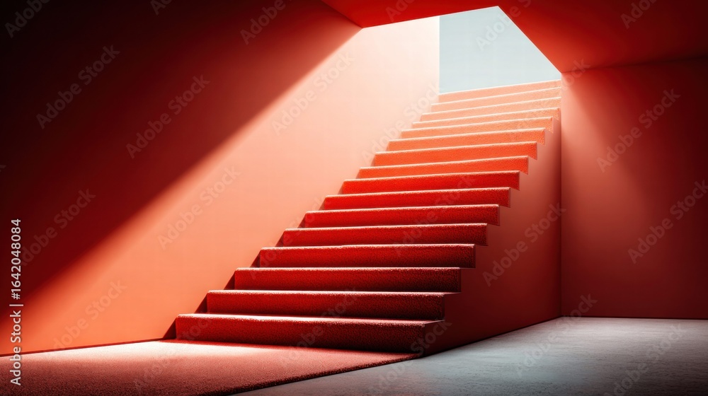 Poster red staircase with light and shadows in minimalist architecture creates an appealing design.