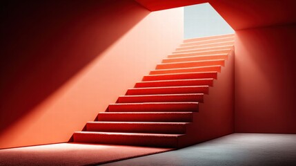 Red staircase with light and shadows in minimalist architecture creates an appealing design.