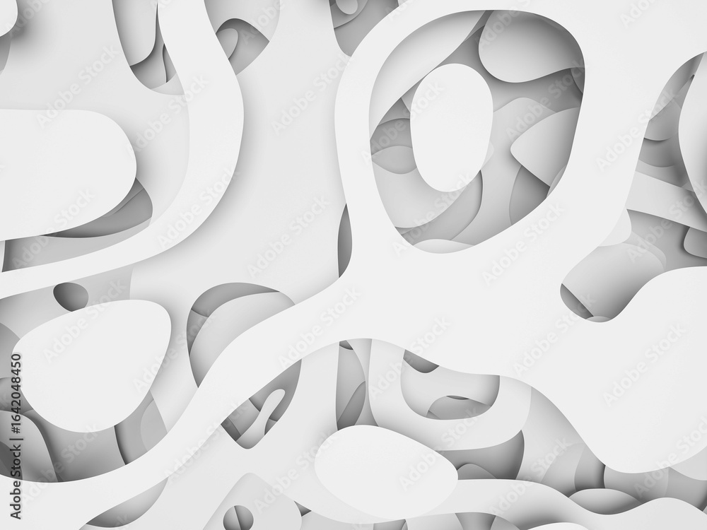 Poster white abstract design with layered smooth surfaces and organic flowing patterns.
