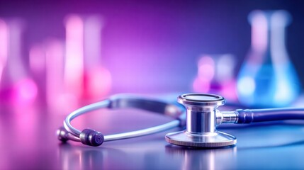 A stethoscope rests on a reflective surface, creating a moody, clinical scene with soft lighting and blurred glassware.