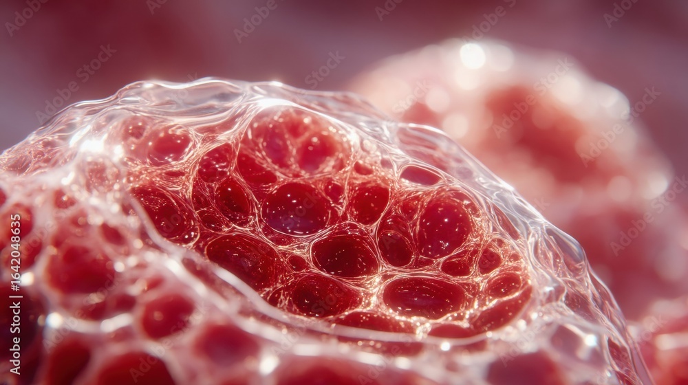 Poster a macro shot reveals a complex cellular structure with a rich red color and bubbly texture.
