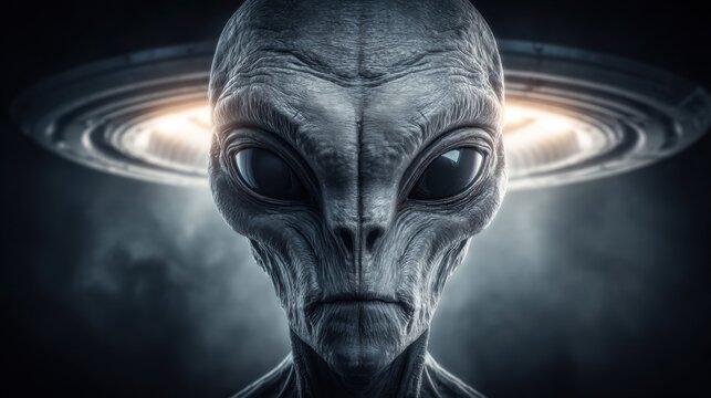 A striking image of a gray alien with a spaceship in the background, a captivating portrait.