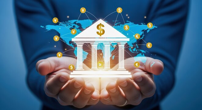 Hands Presenting Digital Global Banking Network, Finance Concept, Financial Institution with Currency Symbols Worldwide