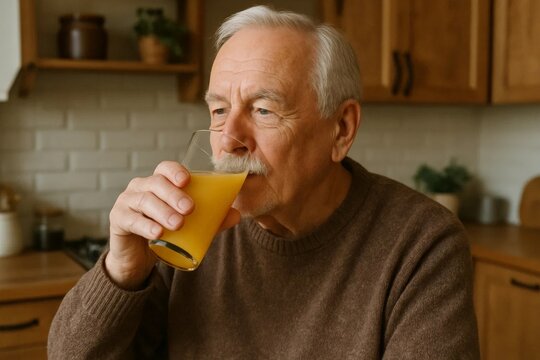Senior man in a brown sweater sipping fresh orange juice in a cozy kitchen.