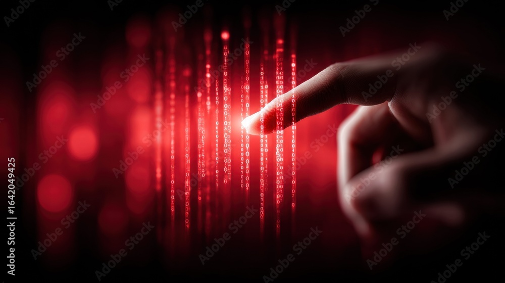 Poster a finger interacting with a stream of digital binary code, representing technology and data.