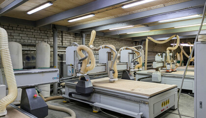 Industrial workshop features several CNC machines in operation, equipped with large corrugated...