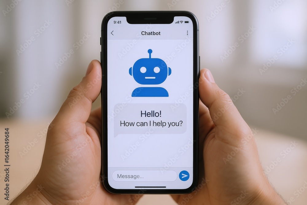 Poster hand holding smartphone displaying chatbot interface with blue robot icon and text