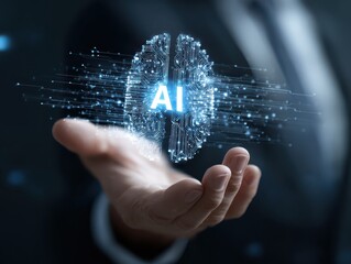 Business man holding Artificial Intelligence (AI) in the futuristic business and coding software development on interface network connection. Digital data technology design for computer brain