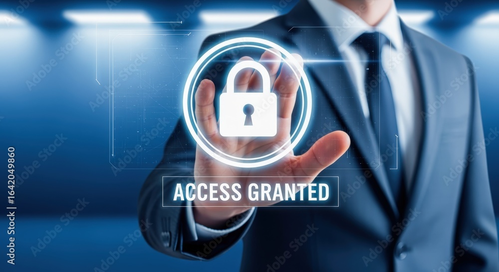 Poster businessman with digital security lock displaying 'access granted' for technology and cybersecurity 